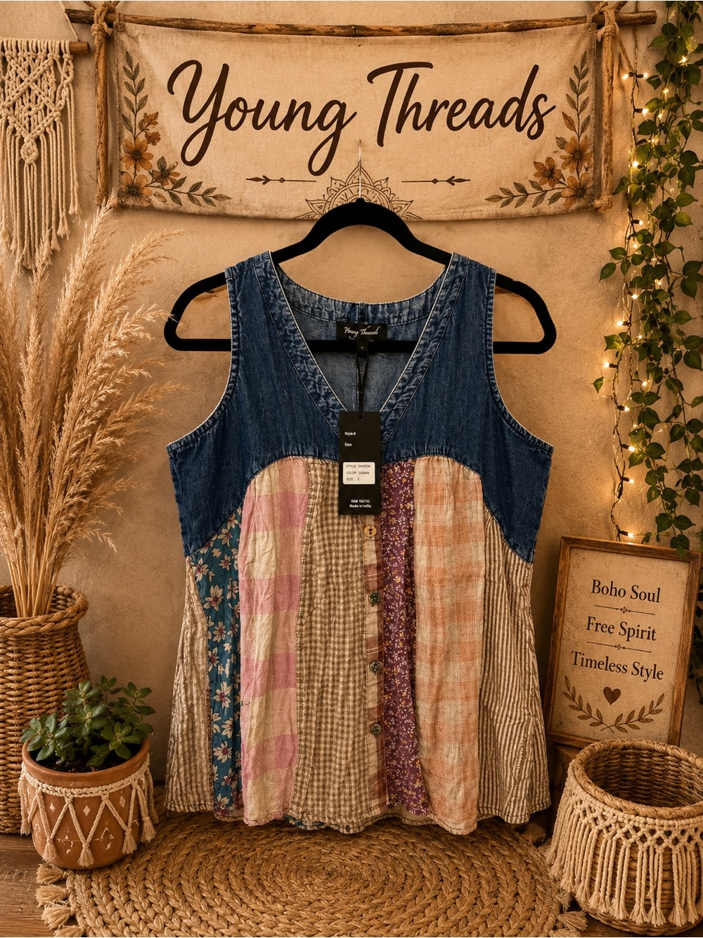 Young Threads Denim Yoke Patchwork Sleeveless Tunic - Multi